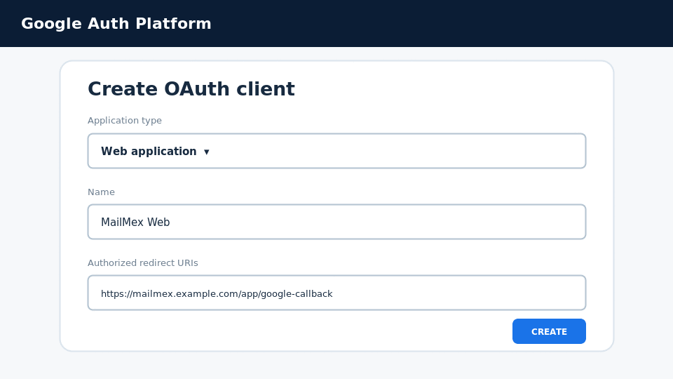 Animated walkthrough highlighting Web application, redirect URI, and Create client
