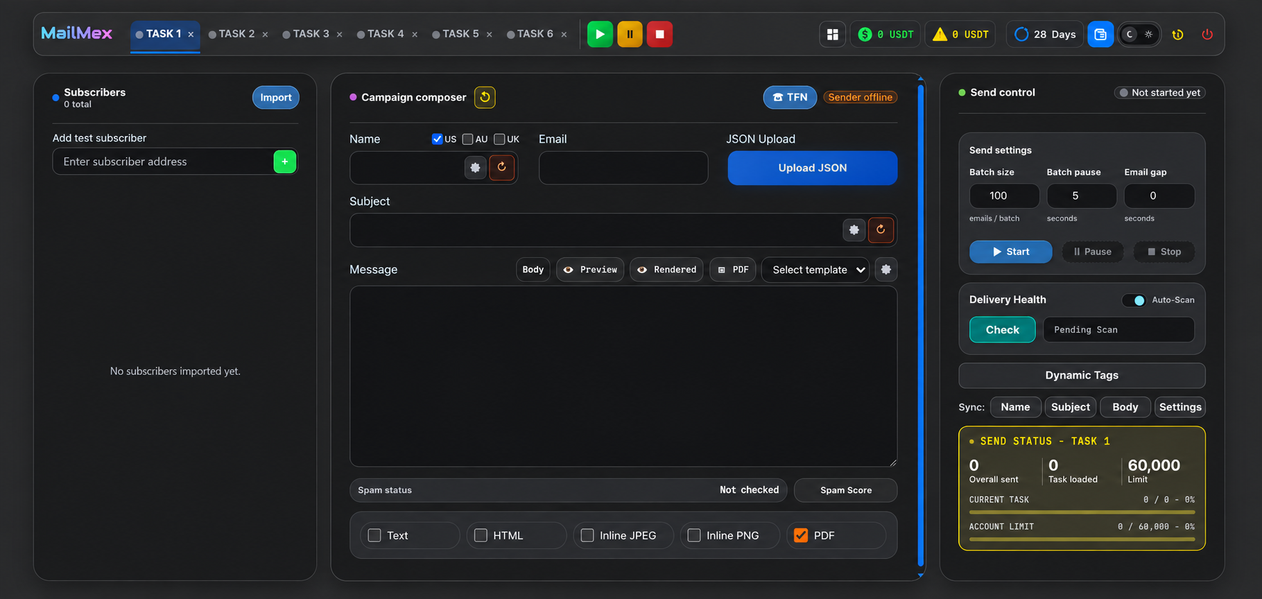The MailMex workspace with six tasks, subscriber import, campaign composer, delivery health, and send controls